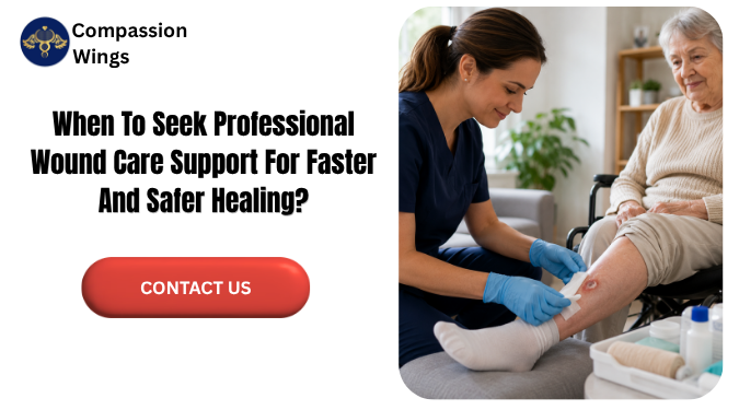 A professional caregiver providing wound care support to an elderly woman at home, carefully dressing a leg wound to promote safer healing and ongoing recovery.